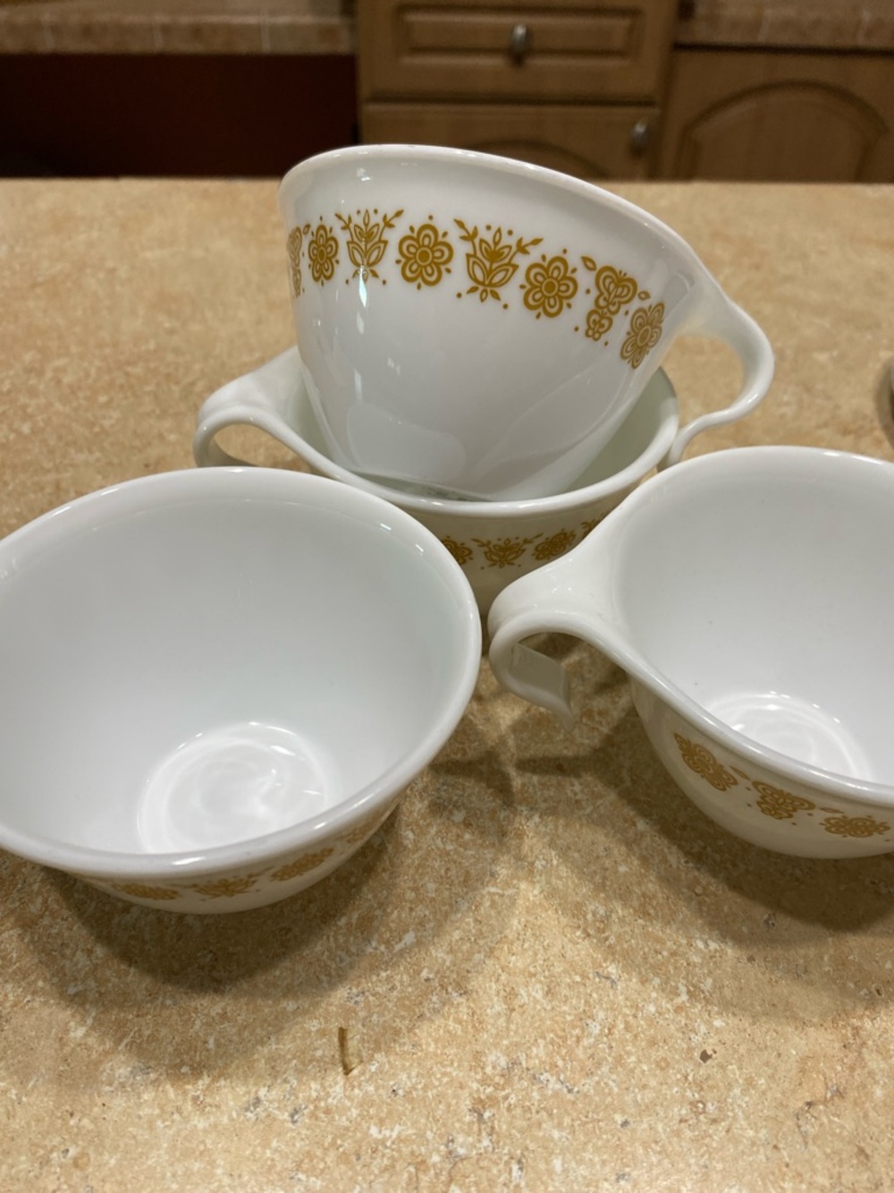 Vintage 70's Corningware Corelle Coffee Cups Butterfly Gold Hook Handle Set of 4